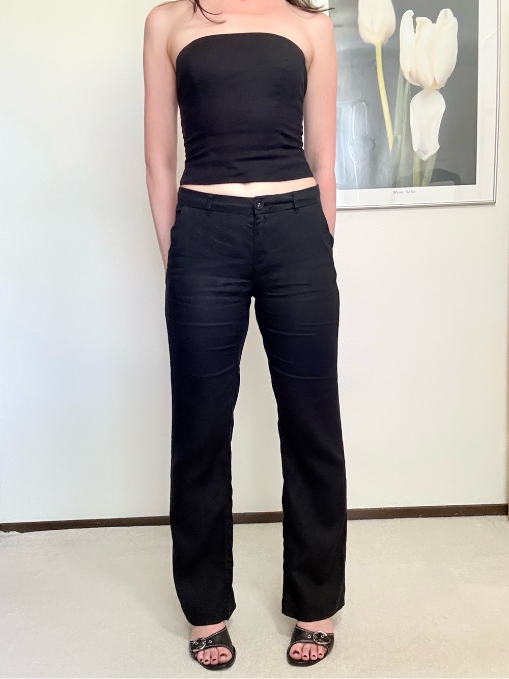 Garnet Hill Low Rise Straight Leg Linen Trousers Minimalist Classic Chic